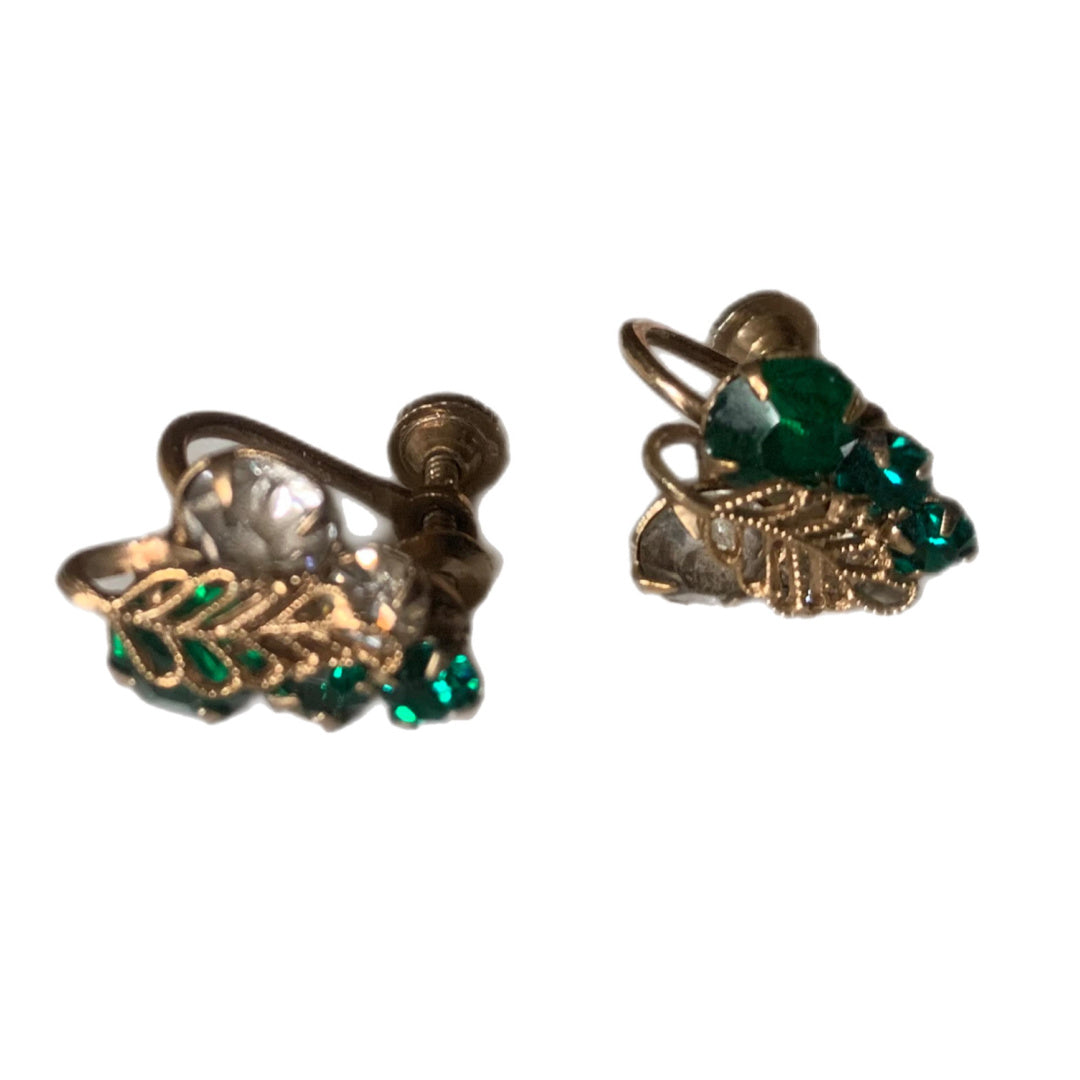 Emerald Green Leaf Rhinestone Clip Earrings circa 1940s