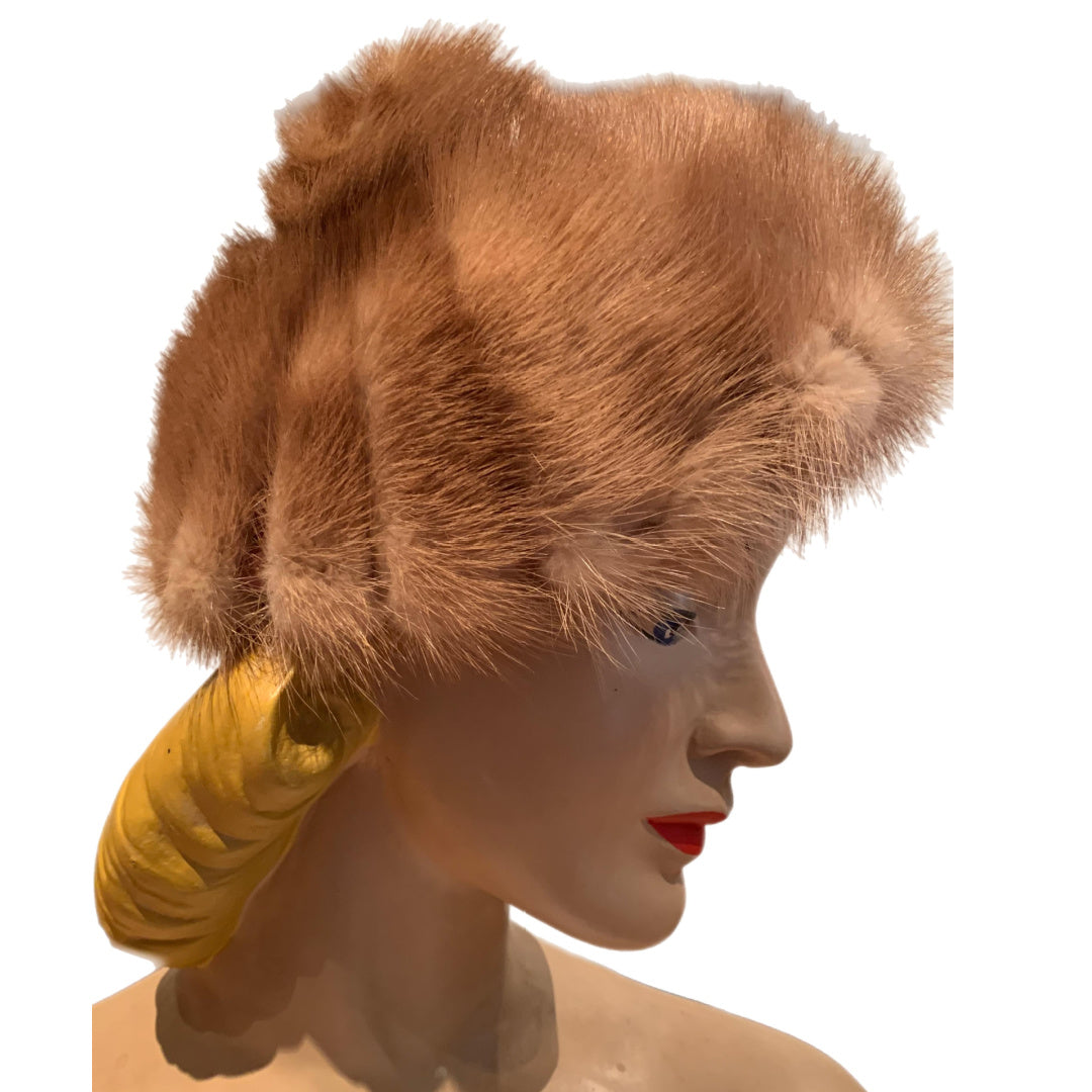 Cognac Mink Beret Inspired Winter Hat circa 1950s
