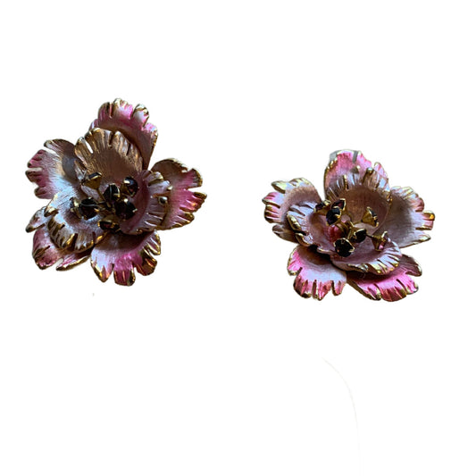Pink Frosted Metal Hibiscus Clip Earrings with Pink Rhinestone Center circa 1960s