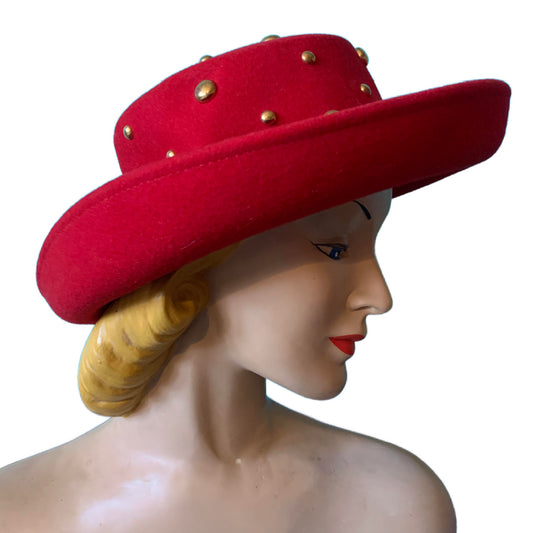 Lipstick Red Wool Hat with Golden Domed Metal Studs circa 1980s