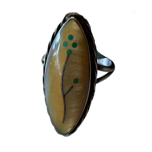 Flower Painted Tiger's Eye Mexican Silver Ring circa 1940s 7 5/8