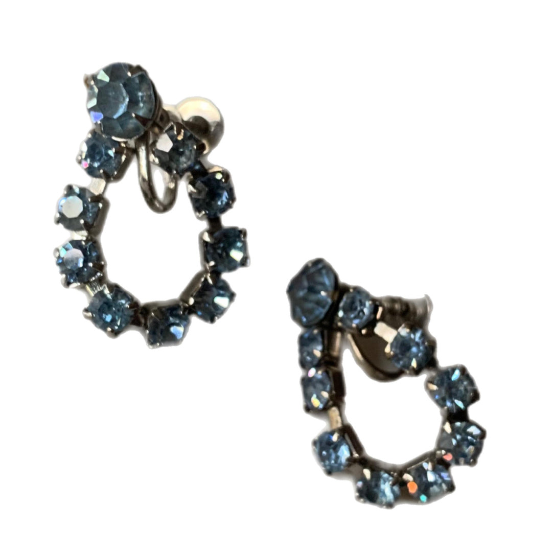 Baby Blue Rhinestone Loop Clip Earrings circa 1950s