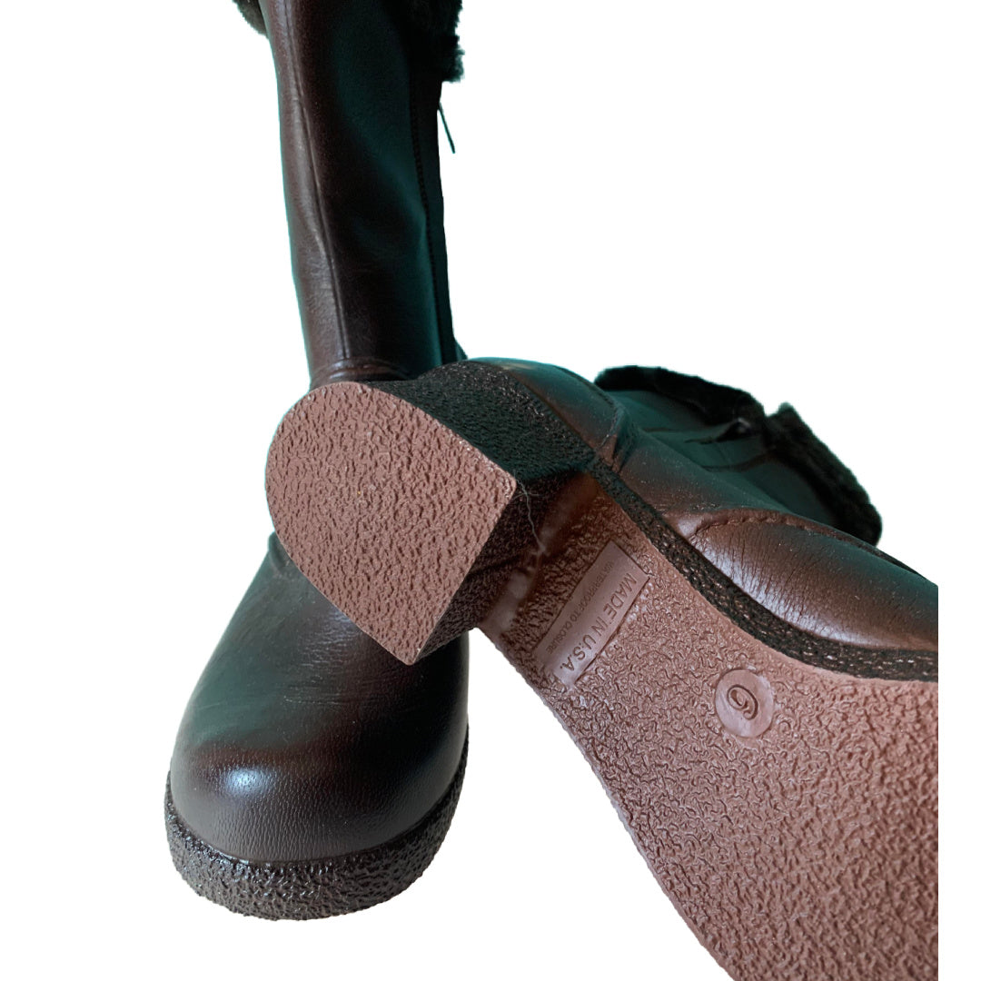 Deep Chocolate Brown Rubber Calf High Faux Fur Trimmed Rain Boots circa 1970s 6
