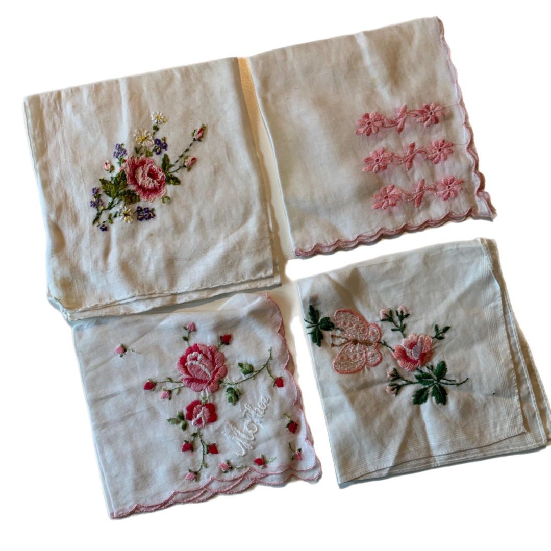 Pink and White Embroidered Handkerchiefs Lot 4 circa 1960s