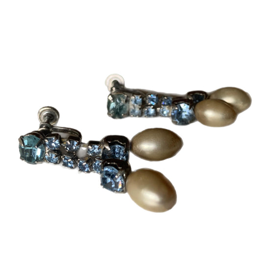 Soft Blue Rhinestone Double Faux Pearl Dangle Clip Earrings circa 1950s