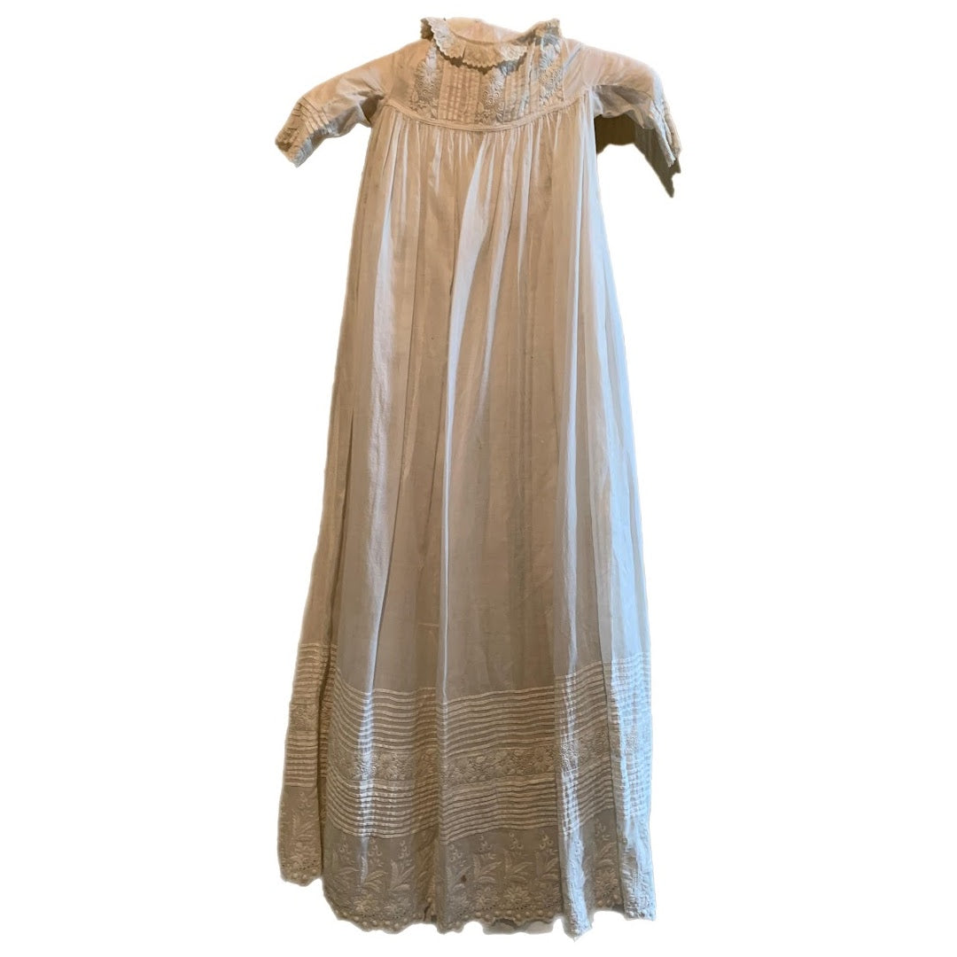 Exquisite Pleated and Embroidered Cotton Christening Gown with Slip circa 1900s