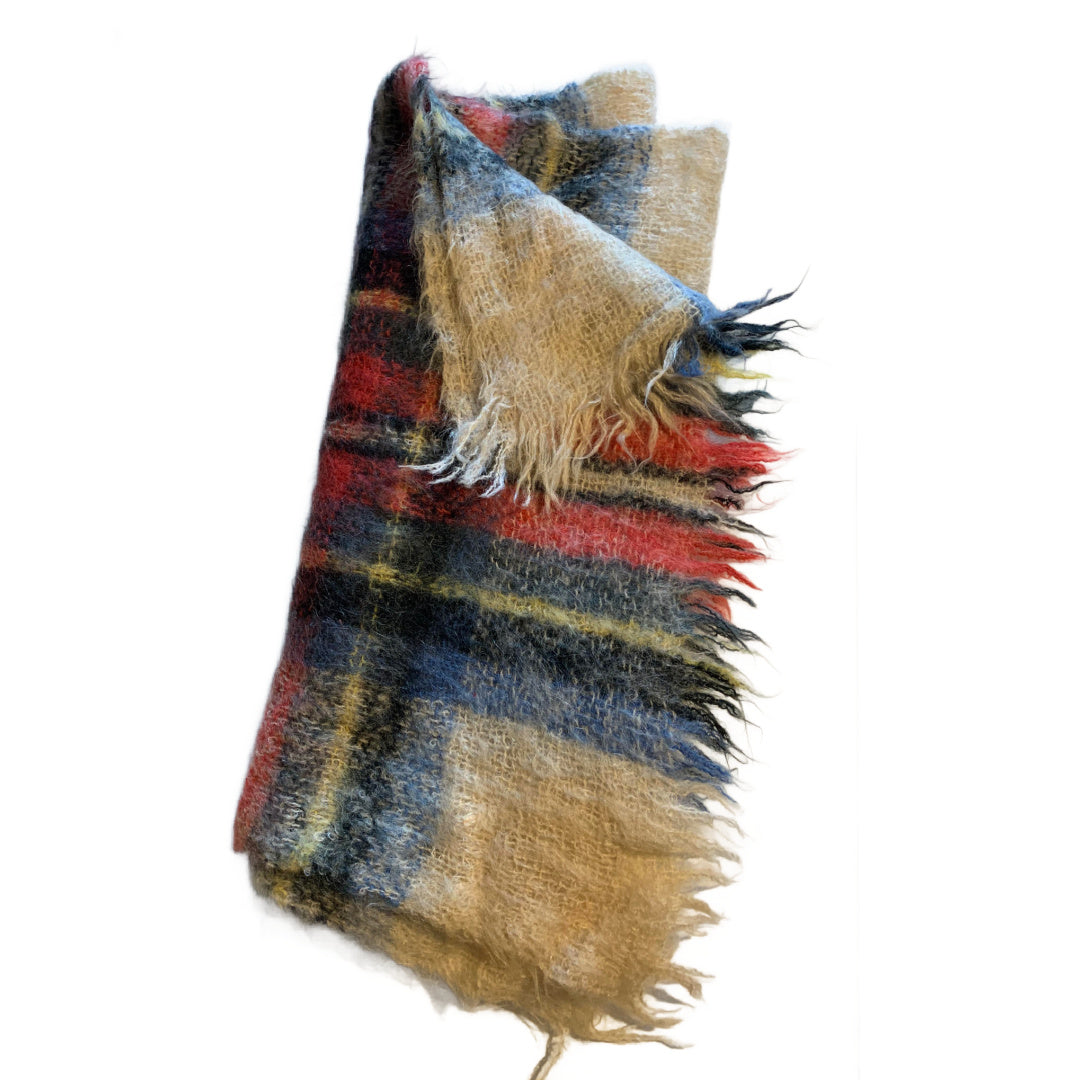 Classic Plaid Mohair Wide Fringed Winter Scarf circa 1960s