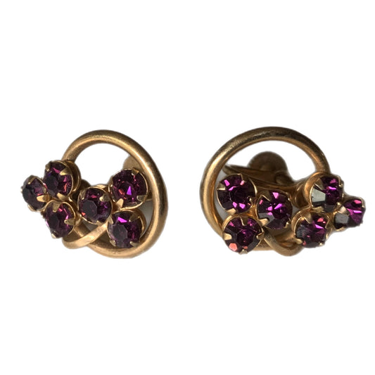 Swirled Gold Tone Metal Purple Grape Rhinestone Clip Earrings circa 1940s