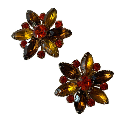 Autumn Hued Rhinestone Clip Earrings circa 1960s