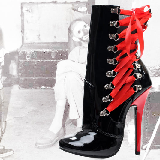 Trussed- the Black Ankle Boots with Red Laces and Heels