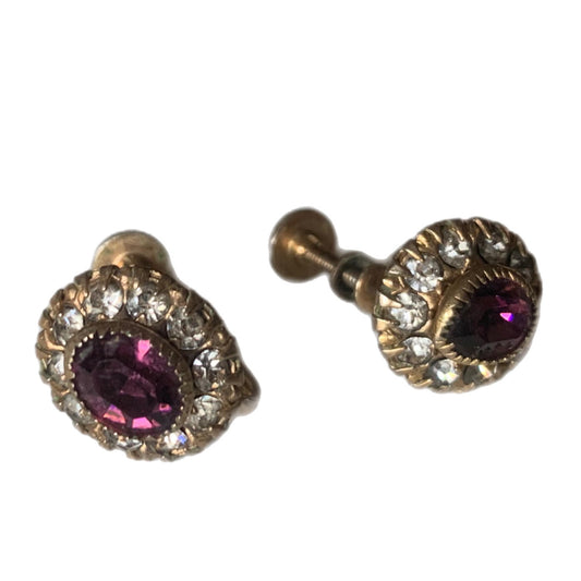 Purple and Clear Circle Rhinestone Clip Earrings circa 1940s