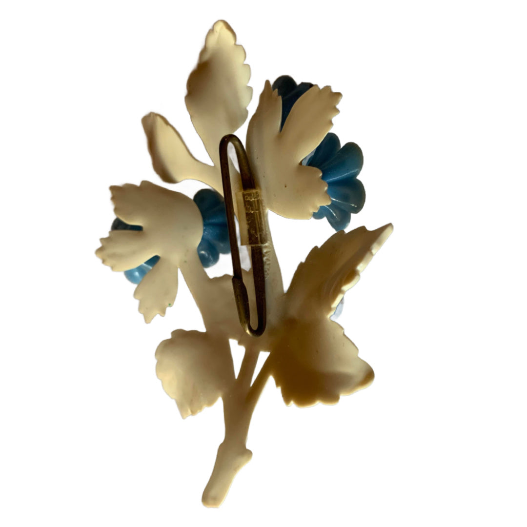 Sky Blue and Cloud White Celluloid Flower Brooch circa 1930s