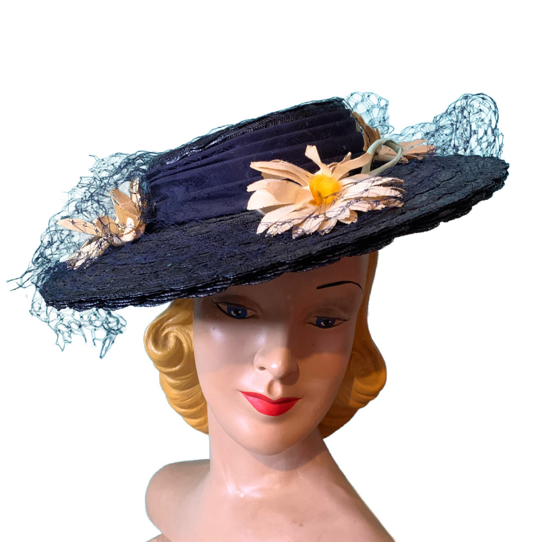 Deep Blue Wide Brim Tilt Platter Hat with Cheery Daisies circa 1940s