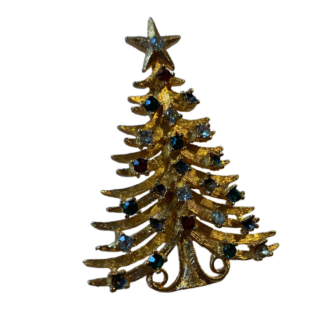 Multicolored Rhinestone Christmas Tree Brooch circa 1960s