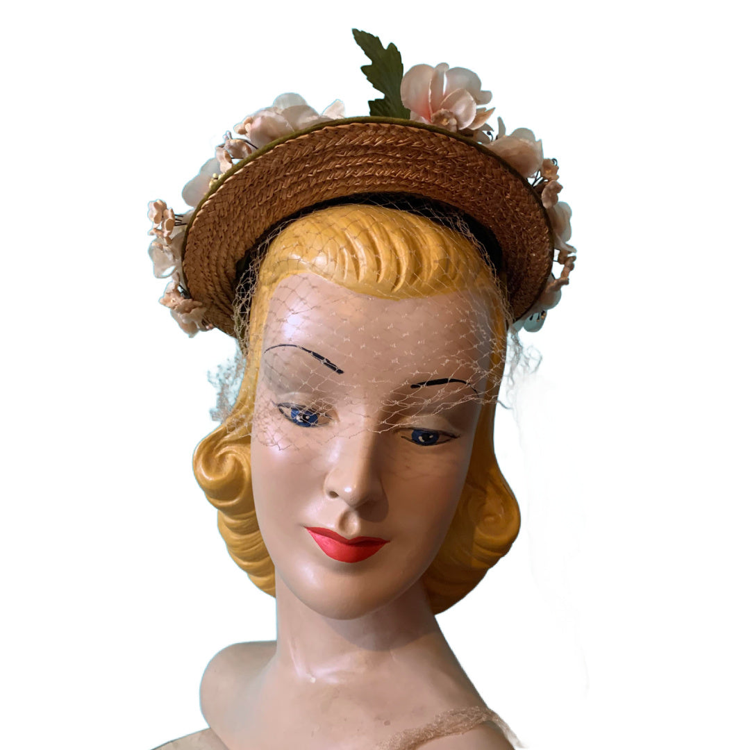 Summery Small Straw Flower Trimmed Hat circa 1950s
