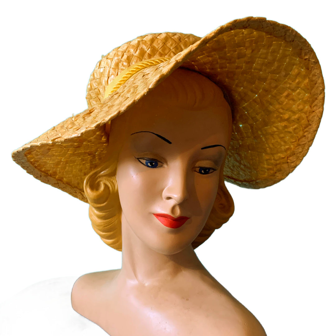 Sunshine Yellow Raffia Hat with Wide Brim circa 1970s