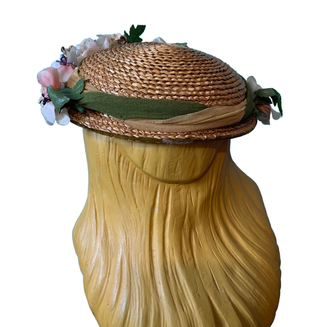 Summery Small Straw Flower Trimmed Hat circa 1950s