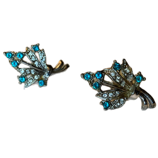 Silver Leaf and Bright Aqua Blue Rhinestone Clip Earrings circa 1940s