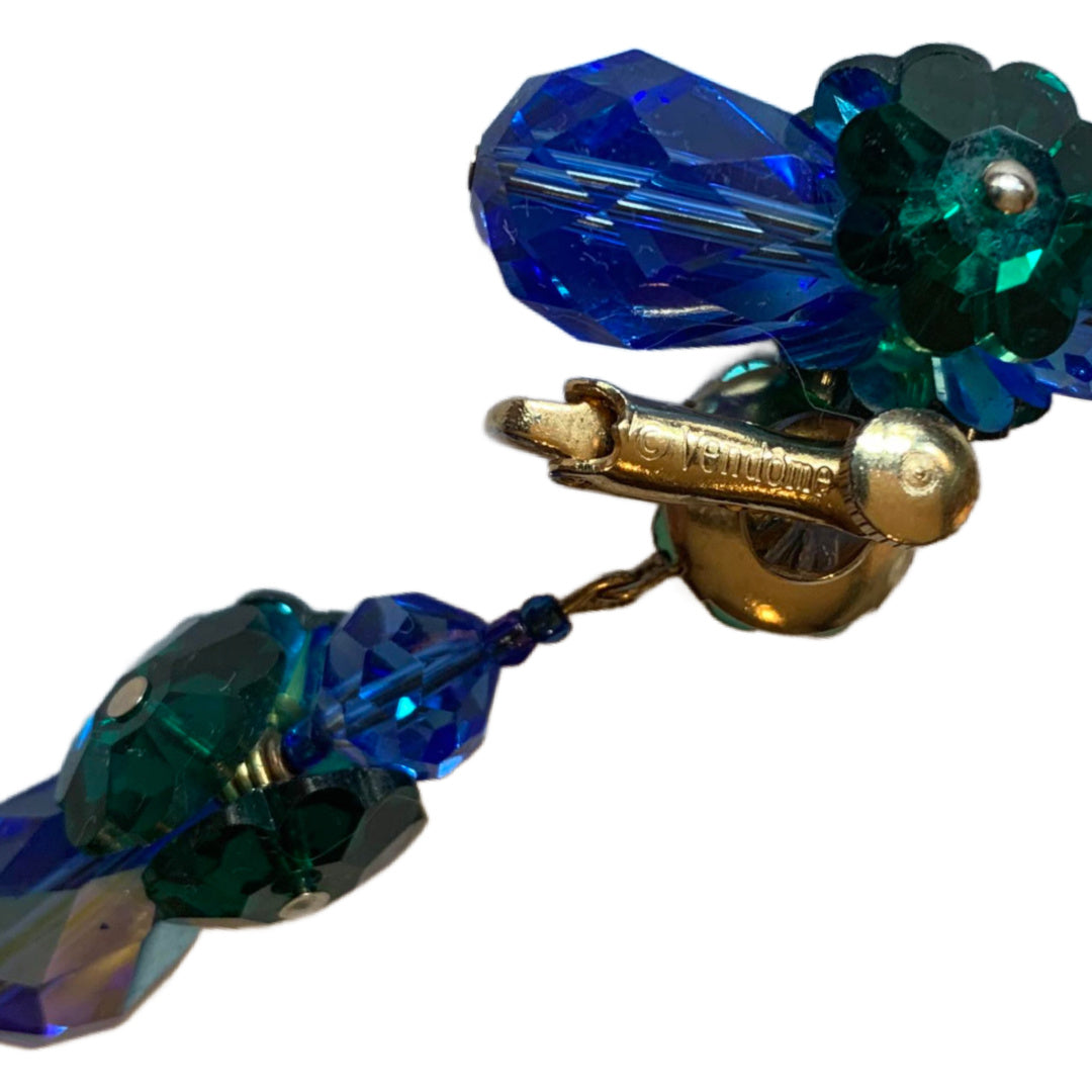 Blue and Green Flower and Crystal Danglng Clip Earrings circa 1960s