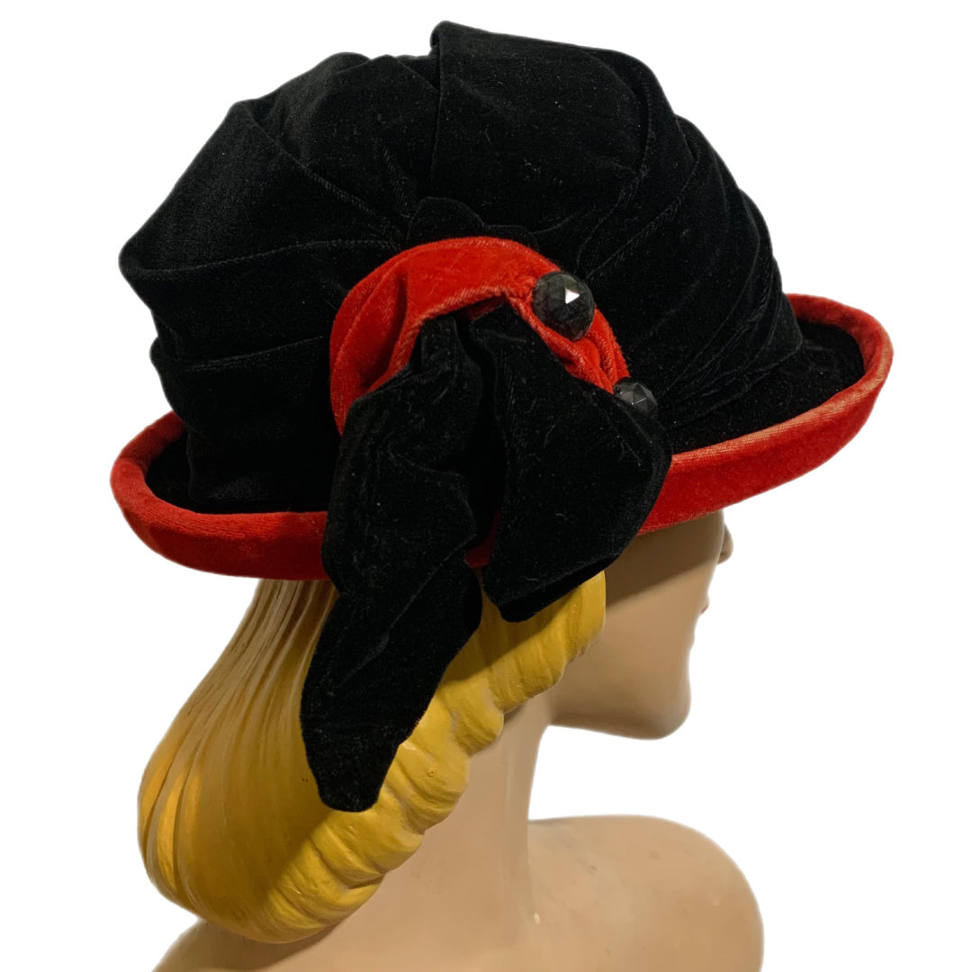 Black Velvet Curved Brim Hat with Tomato Red Accents circa 1910s