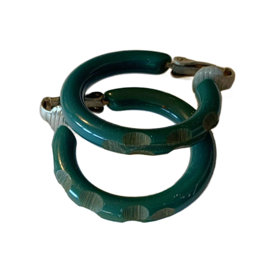 Pine Green Notched Celluloid Clip Hoop Earrings circa 1930s
