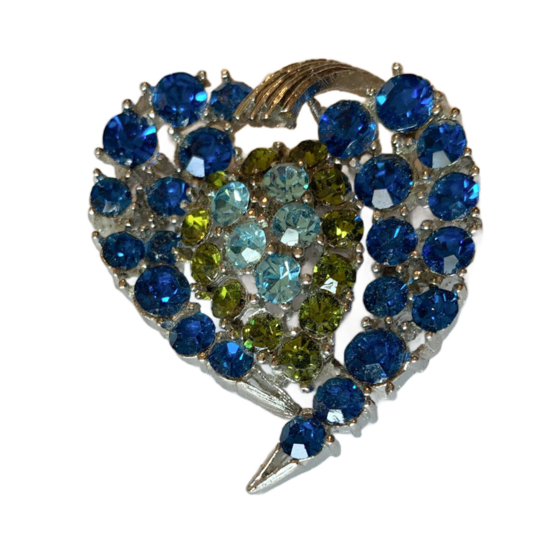 Chartreuse and Blue Heart Shaped Rhinestone Brooch circa 1960s