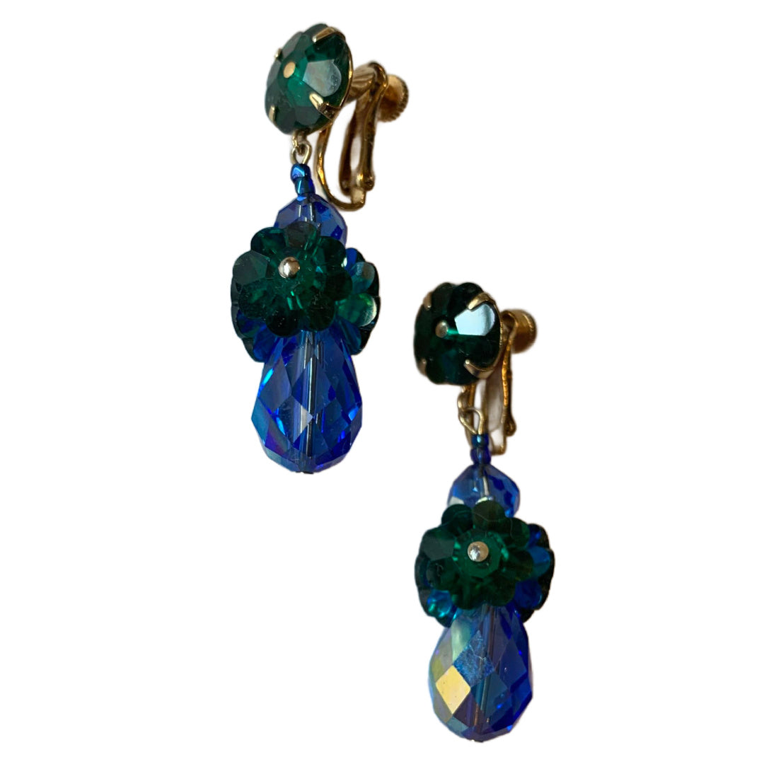 Blue and Green Flower and Crystal Danglng Clip Earrings circa 1960s