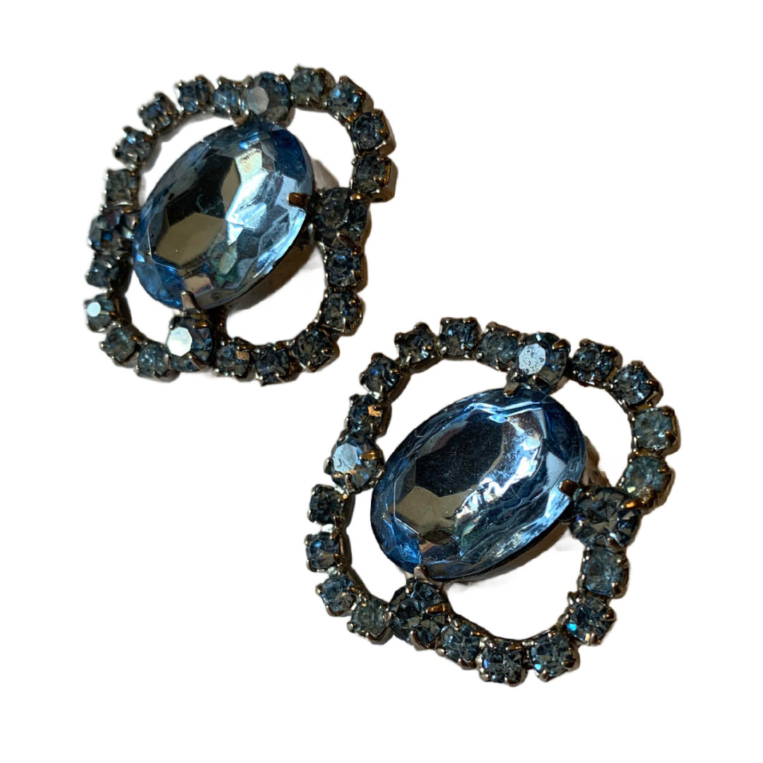 Sky Blue Rhinestone Oversized Clip Earrings circa 1950s