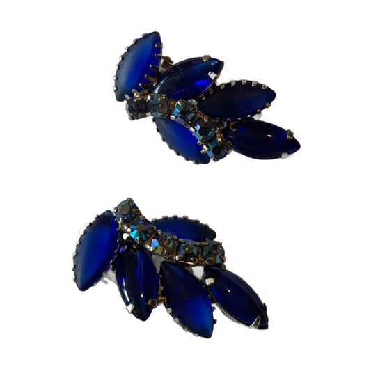Deep Blue Crystal and Rhinestone Clip Earrings circa 1960s