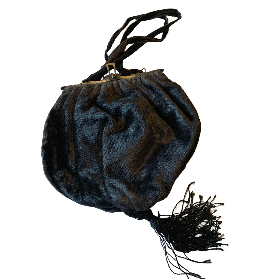 Black Cotton Velvet Folding Frame Handbag with Tassel circa 1890s