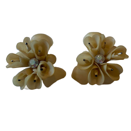 Tropical Ivory Colored Celluloid Flower Earrings with Rhinestones circa 1930s
