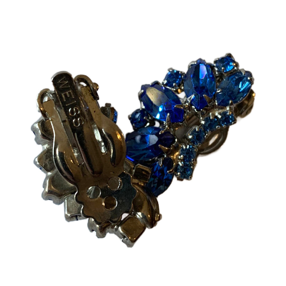 Cobalt Blue Rhinestone Clip Earrings circa 1950s