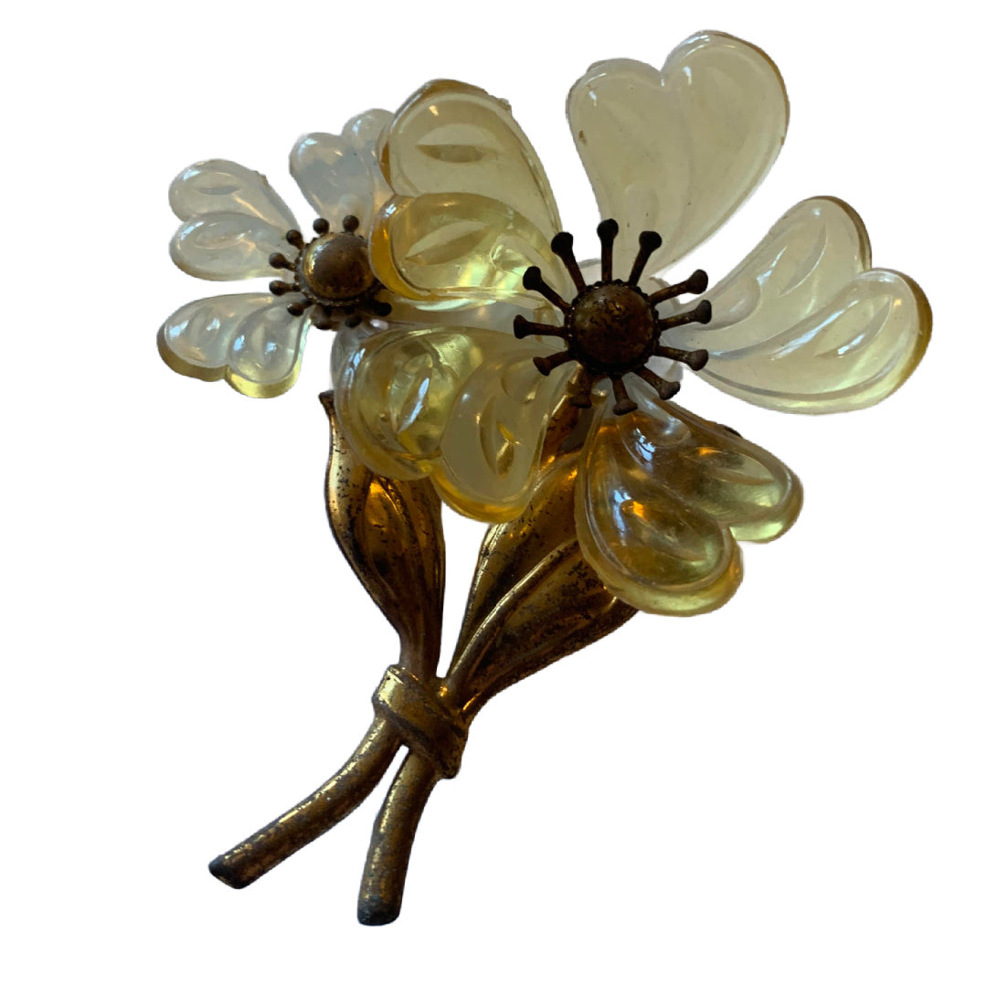 Honey Glaze Celluloid Large Flower Brooch circa 1930s