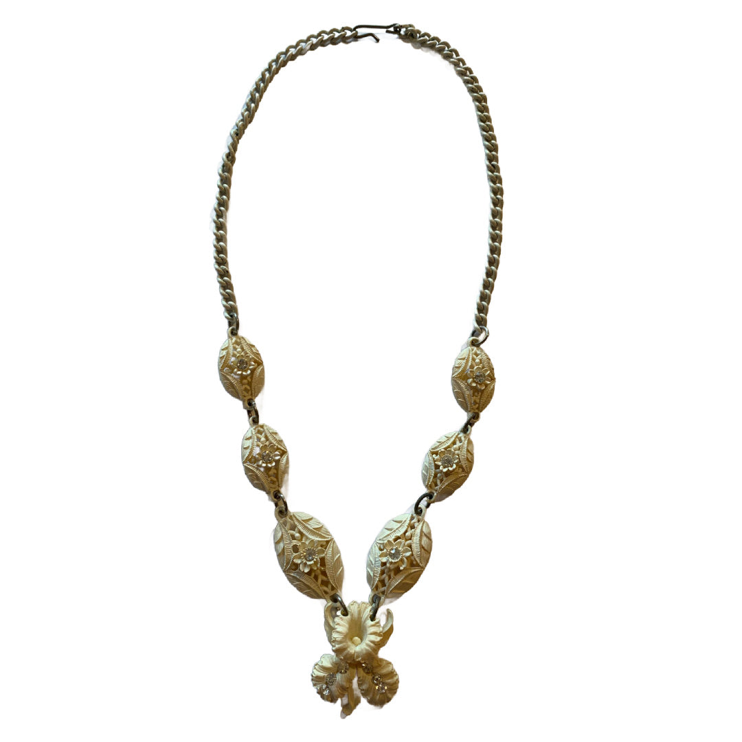 Creamy White Celluloid Orchid Pendant Necklace with Rhinestones circa 1930s