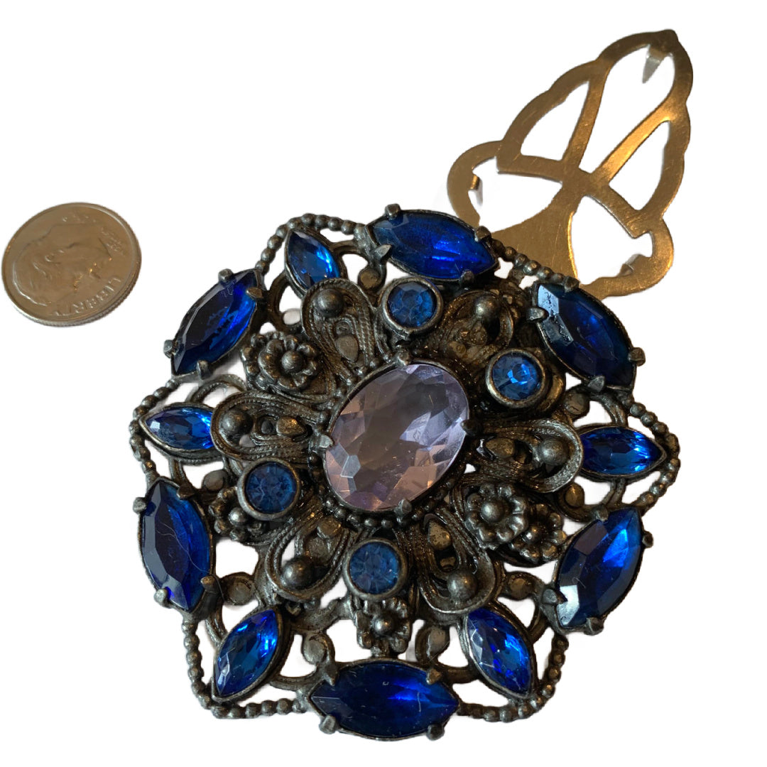 Elegant Bold Blue Czech Glass Large Fur Clip & Earrings circa 1930s