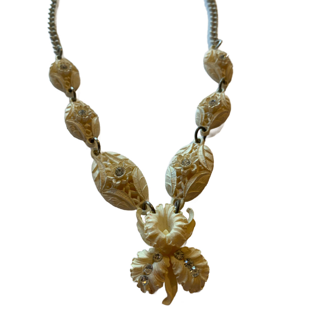 Creamy White Celluloid Orchid Pendant Necklace with Rhinestones circa 1930s