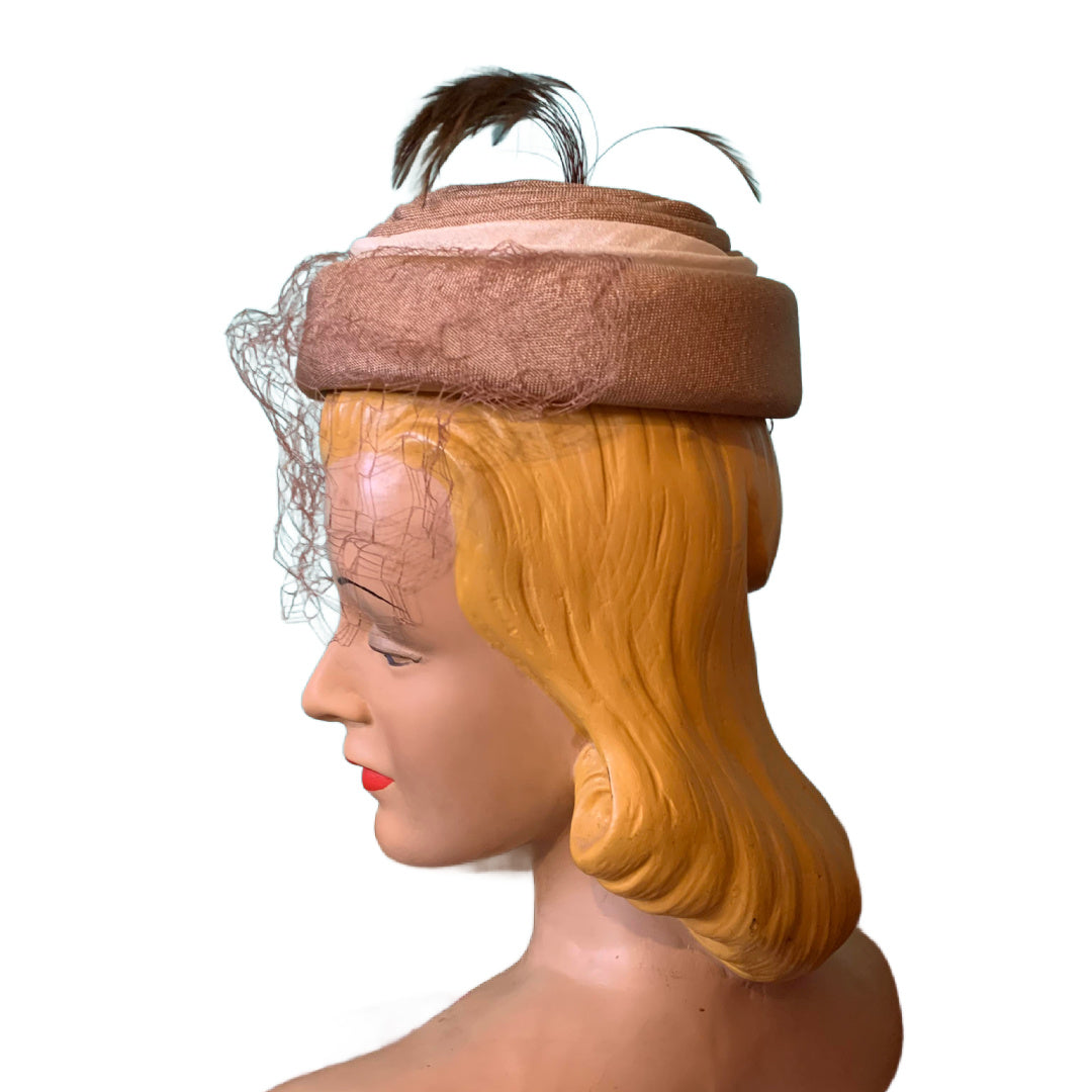 Natural Pill Box Hat with Happy Feather Plume Stem circa 1960s