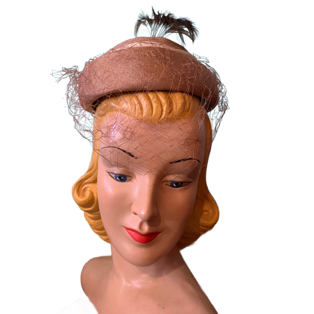 Natural Pill Box Hat with Happy Feather Plume Stem circa 1960s
