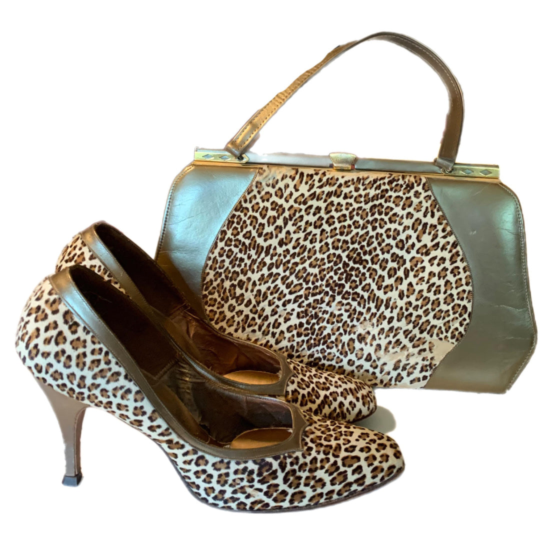 Stenciled Leopard Print Fur Glamour Girl High Heels and Handbag Set circa 1960s