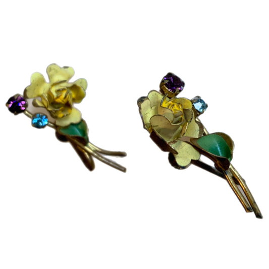 Yellow Rose and Purple & Blue Rhinestone Screw Back Metal Clip Earrings circa 1940s