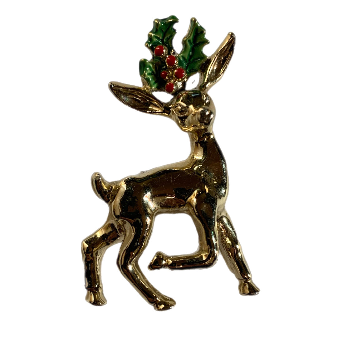 Holly Topped Reindeer Small Brooch circa 1960s
