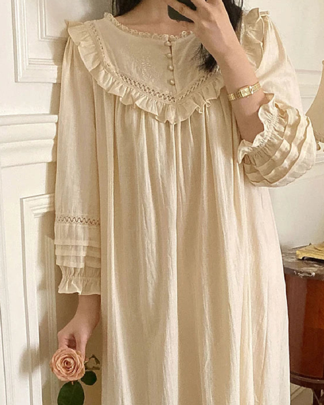 Tender- the Long Sleeved Cotton Nightdress with Lace