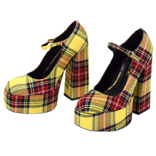 Stomp- the Yellow Plaid Platform Mary Jane High Heel Shoes