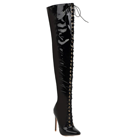 Great Heights- the Thigh High Patent Vinyl Lace Up High Heel Boots 3 Colors