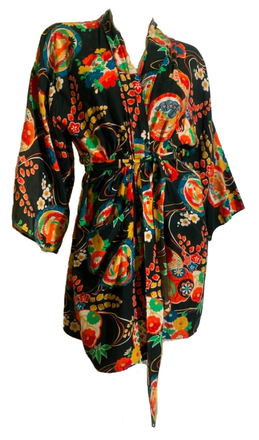 Japanese Bird and Flower Print Black Rayon Robe circa 1940s
