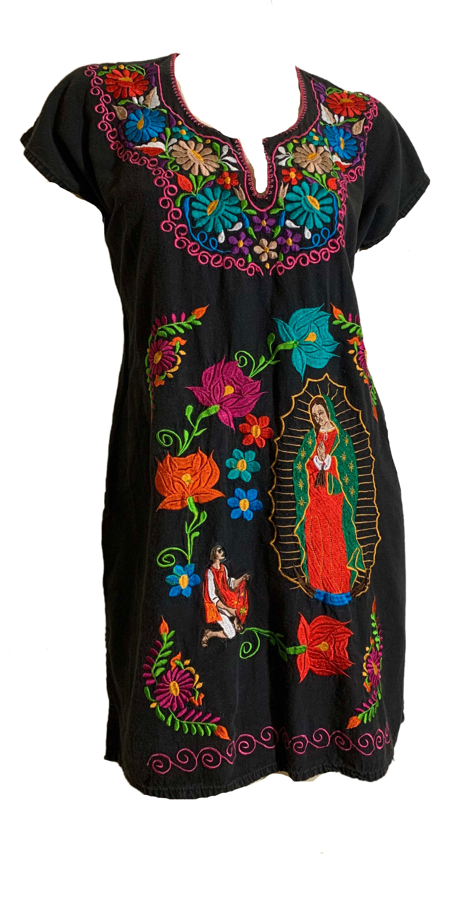 Our Lady of Guadalupe Embroidered Mexican Mini Dress Tunic circa 1970s