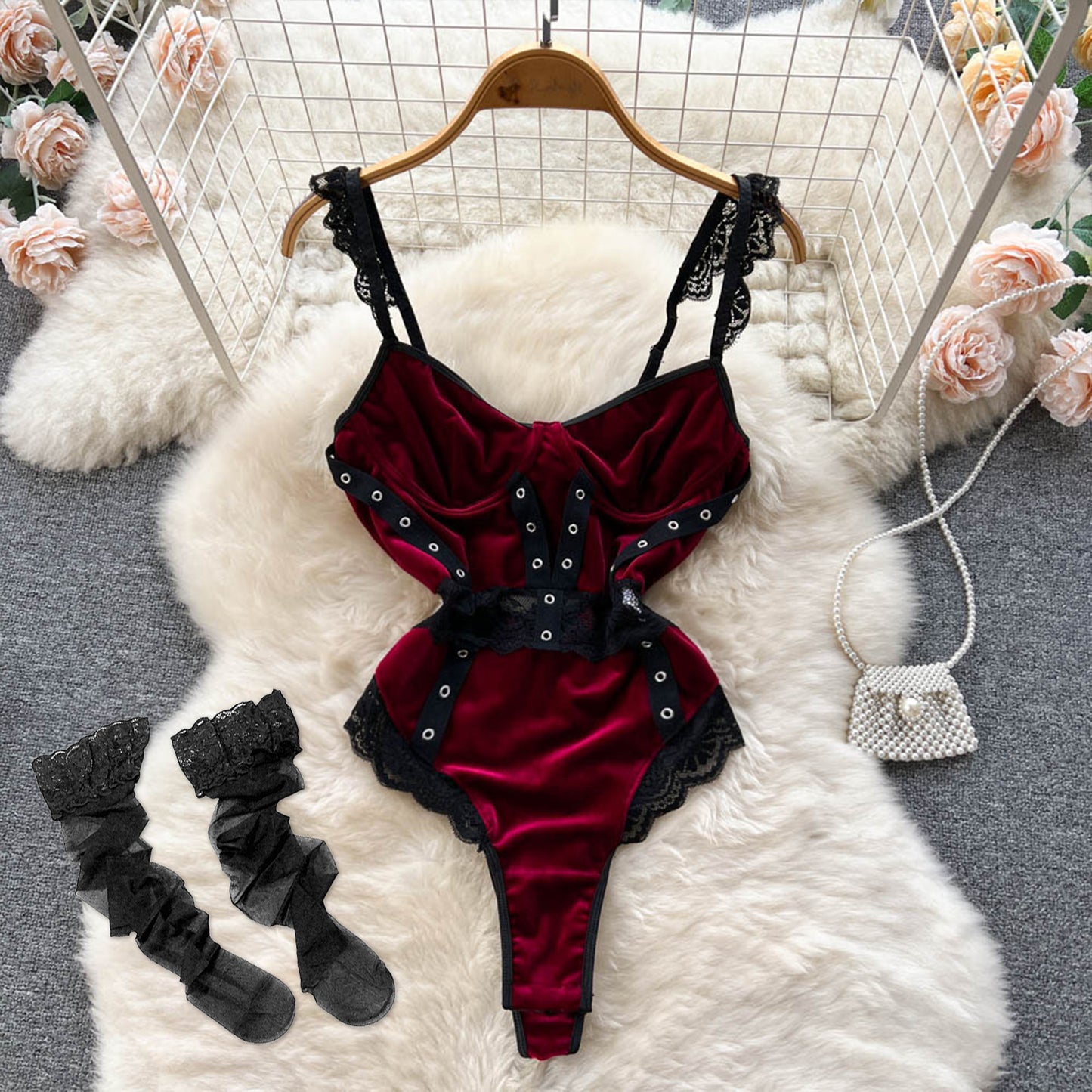 Dame- the Deep Red Velvet Bodysuit with Black Lace