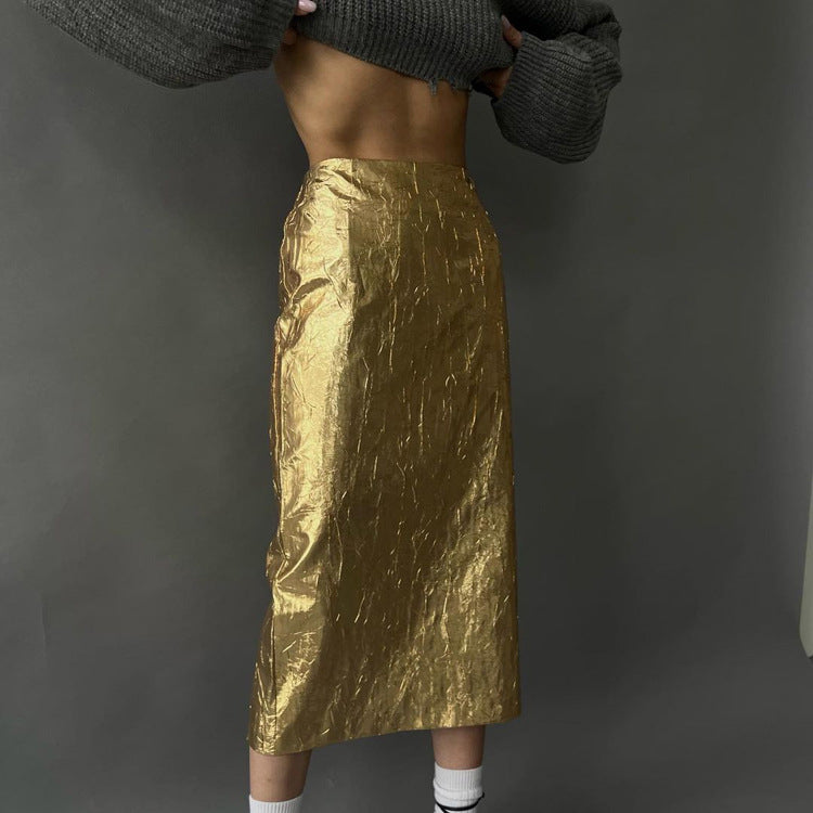 Foiled- the Crinkle Look Metallic Knee Skirt 2 Colors