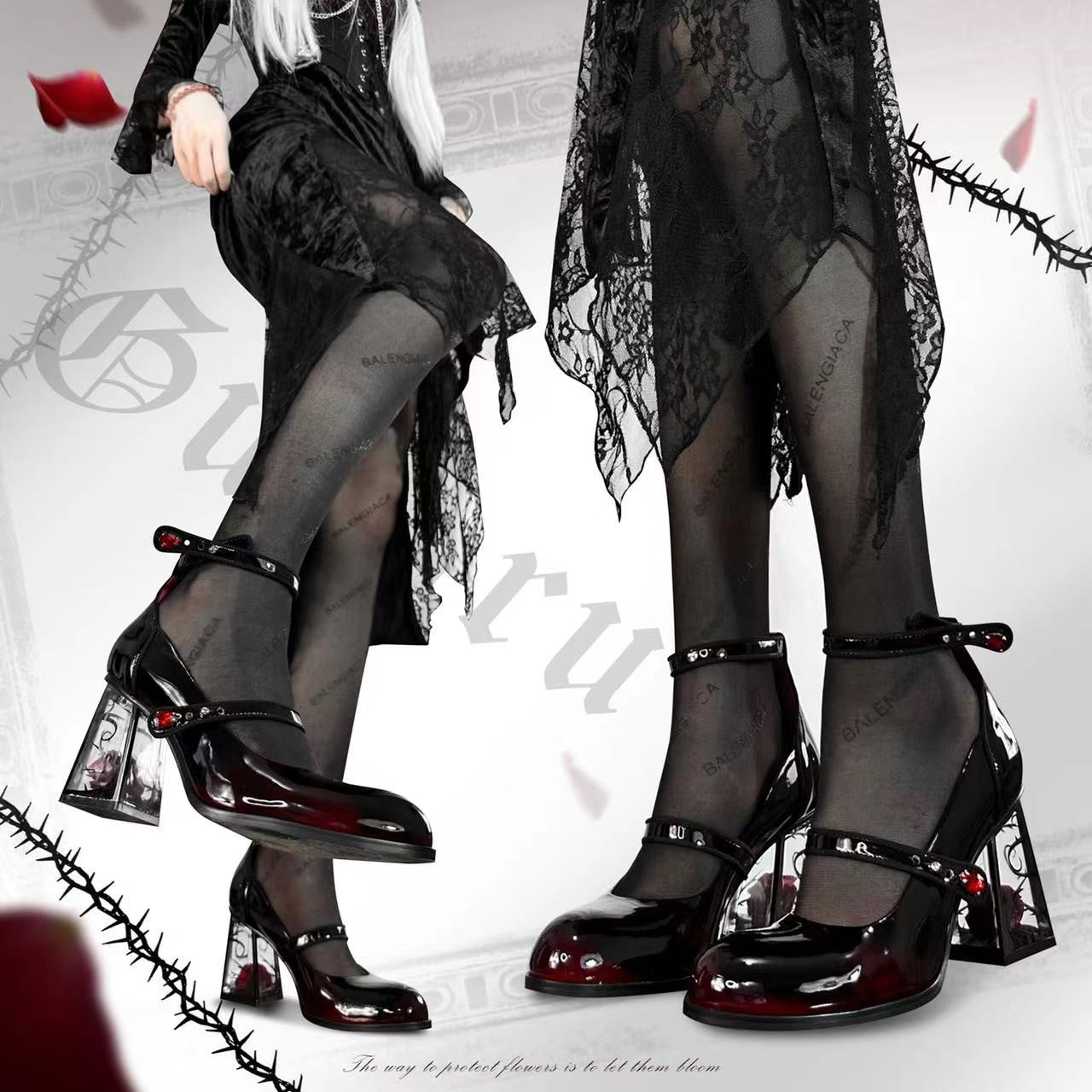 Thorne- the Gothic Black Patent Mary Jane Shoes Roses in Clear Heels