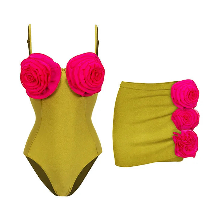 Olive- the Chatreuse Swimsuit with Pink Rosettes and/or Skirt